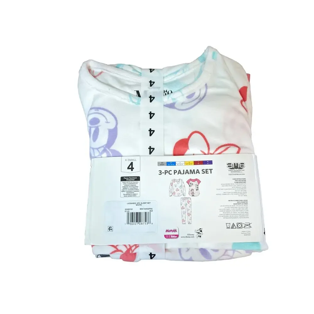 Disney Junior Minnie‎ Mouse Girls Pajama Set XS 4 Pink White Sleepwear 3 Piece